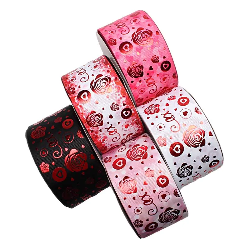 

Red Flower Foil Gold Ribbon Grosgrain Printed Valentine's Day Liston 75mm 3inch 50yards/lot for DIY hair bows craft material