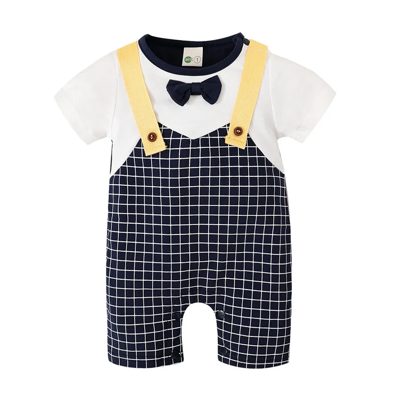 

2021 Baby Boys Casual Romper, fashionable Short Sleeve Plaid Printed Pattern Round Collar for summer