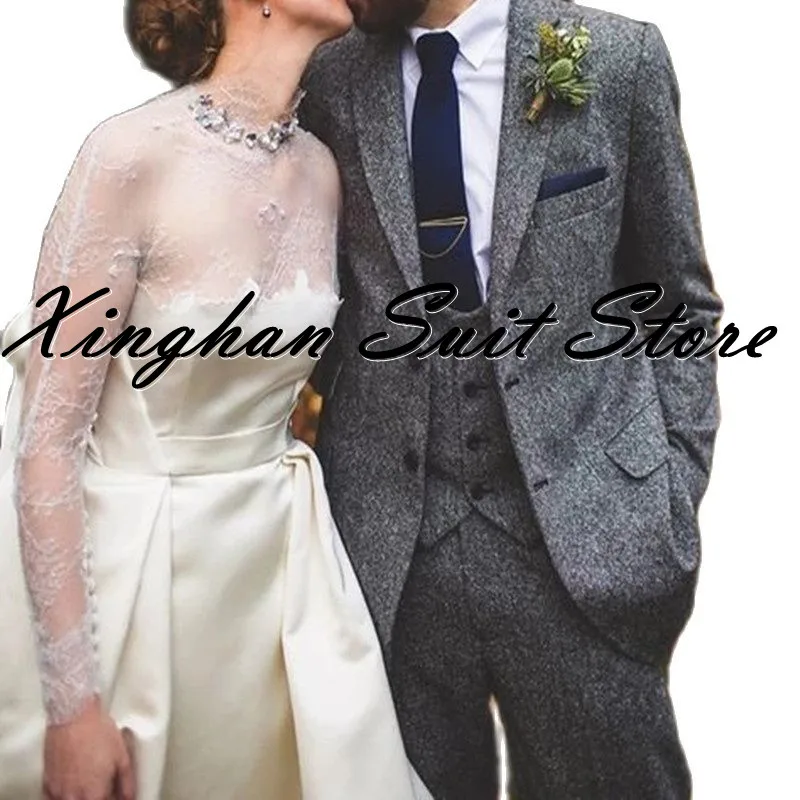 

Dark Grey Tweed Notch Lapel Two Buttons Grooms Wedding Suit For Man 3 Pieces Herringbone Customizes Dinner Party Slim Fit Wear