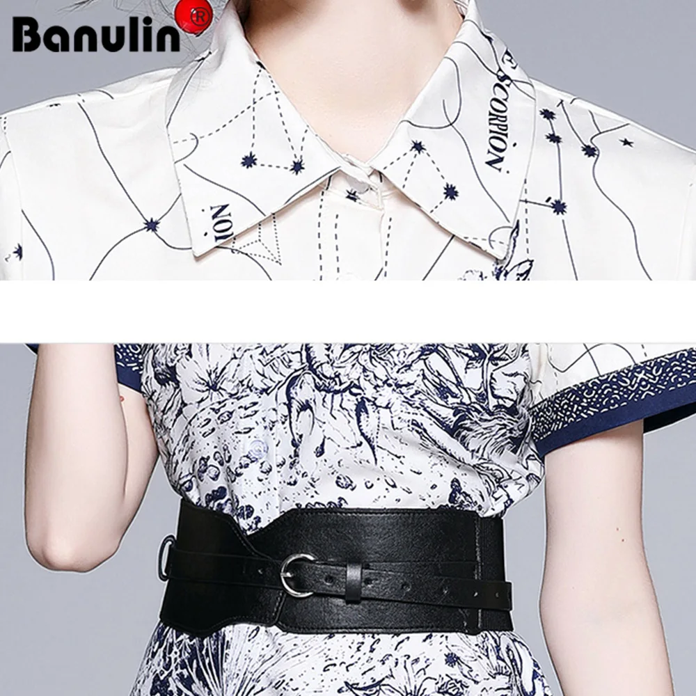 

Banulin 2021 Summer Runway High Street Holiday Mori Dress Women Short Sleeve Vintage Blue Print Midi Pleated Belt Party Vestidos