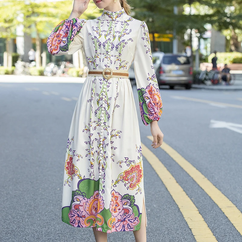 

Autumn Ethnic Style Retro Print Long Sleeve Belt Party Elegant Temperament Mid-Length Shirt Dress Women'S Clothing High Quality