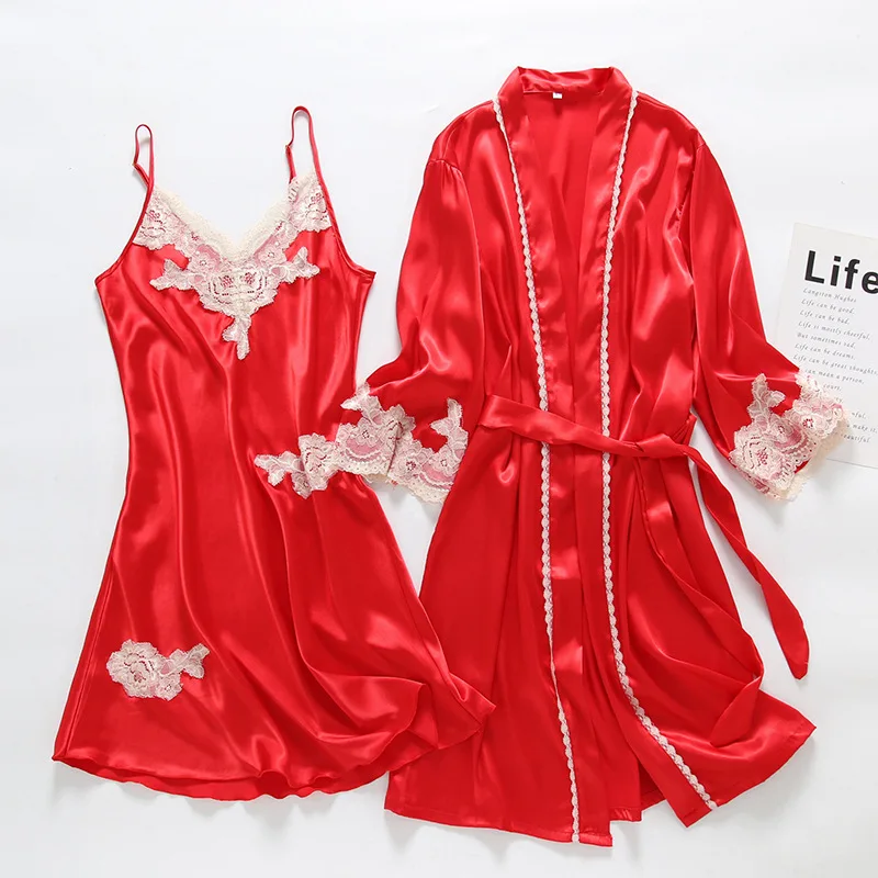 

New Women Satin Nighty&Robe Set Sexy Lace 2PCS Sleepwear Silky Kimono Gown V-neck Sleep Set Casual Nightgown Intimate Lingerie