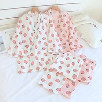 springsummer pajamas women cotton crepe strawberry half sleeved trousers kimono robe sets sleepwear set loose comfy home wear