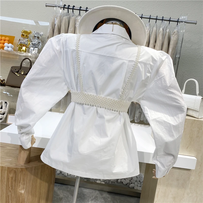 

Brand Original Design Aage-reducing Candy Color Lapel Double-breasted Bubble Sleeve Shirt With Pearl Straps 2 Piece Suit