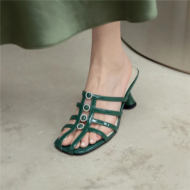 

MoonMeek 2021 Summer Hot Sale High Heels Shoes Genuine Leather Women Slippers Fashion Square Toe Classic Party Shoes