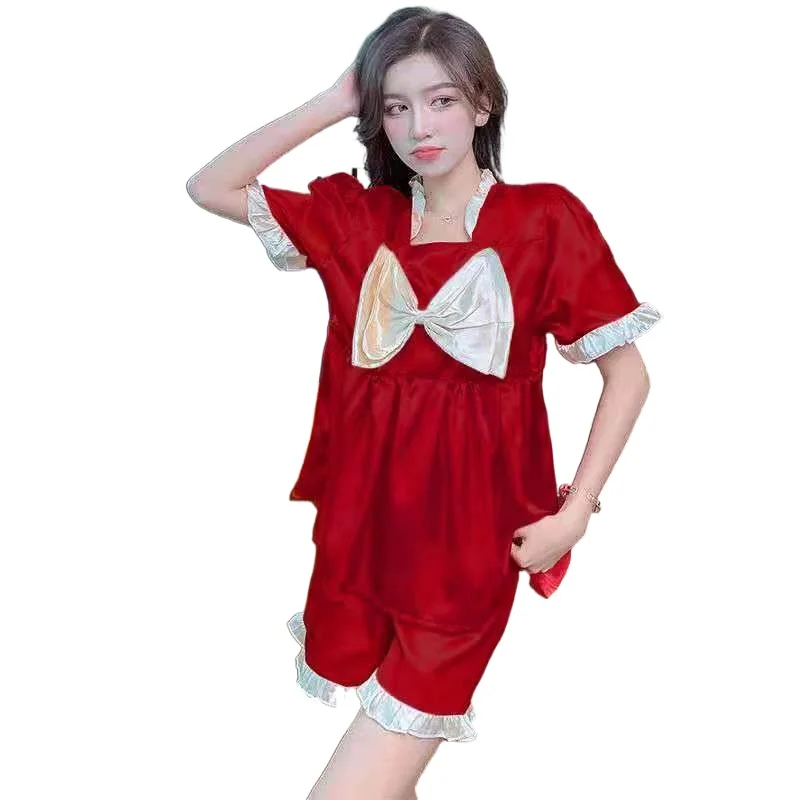 

2211-b-7Satin Pajamas Sexy Lace Pijama Nightie Sleepwear Home Clothes Tops and Shorts Women's Silk Solid Color Pajama Set Women