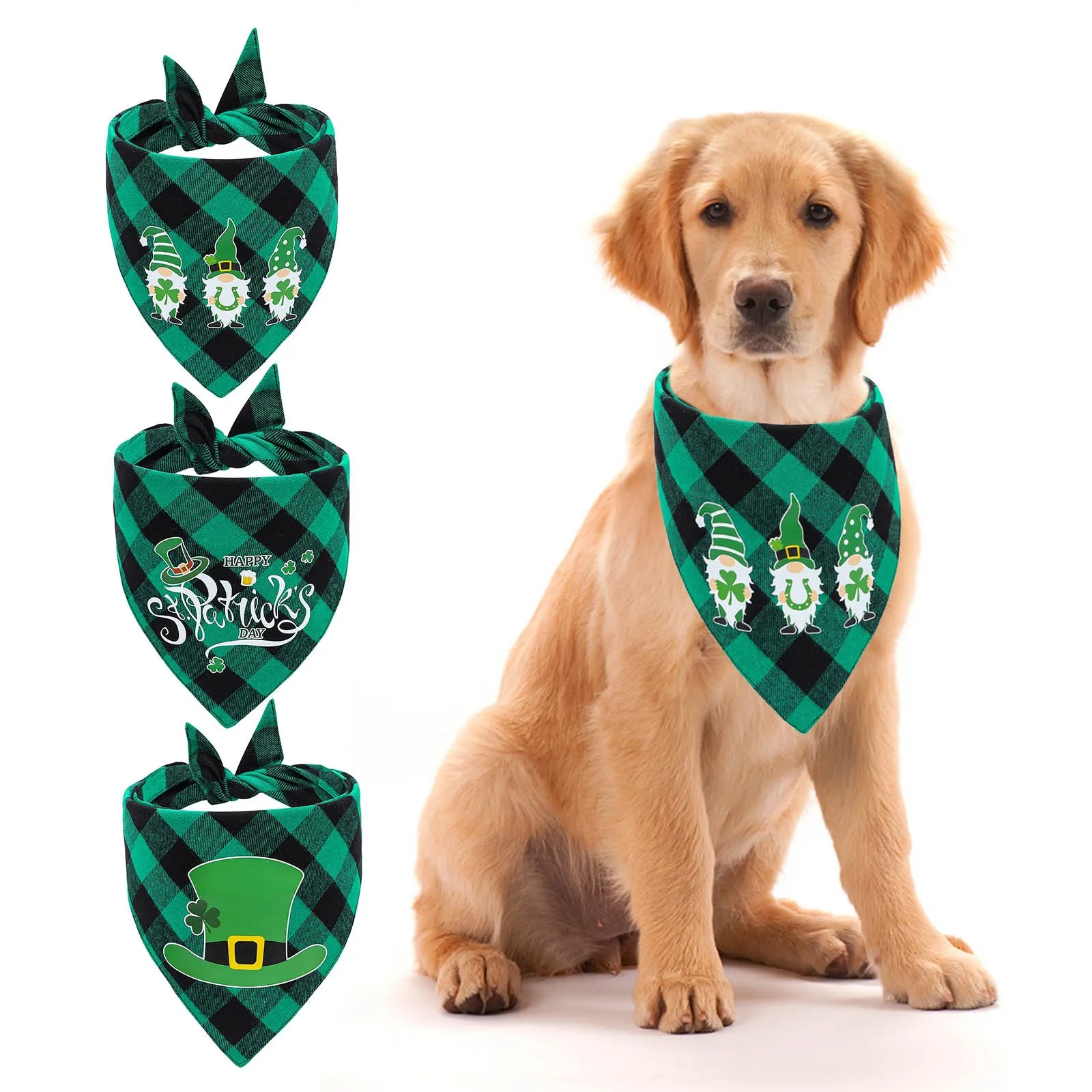 

Puppy Bandana Plaid Scarf St. Patrick's Day Neck Tie Triangle Elf Bandage Plaid Scarf Bowtie Saliva Towel
