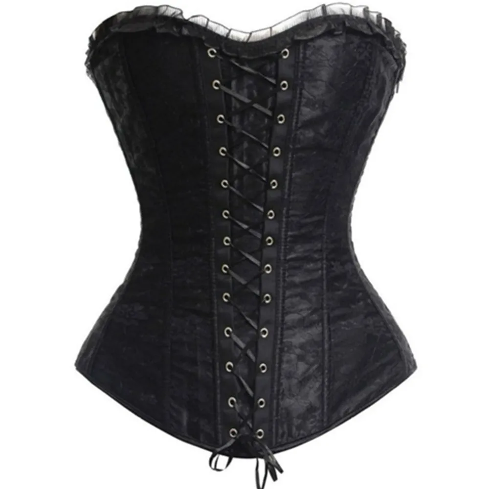 

Sexy Gothic Lace Cover Lace up Boned Overbust Corset and Bustier Lingerie Zipper Side Top Body Shaper Plus Size S-2XL