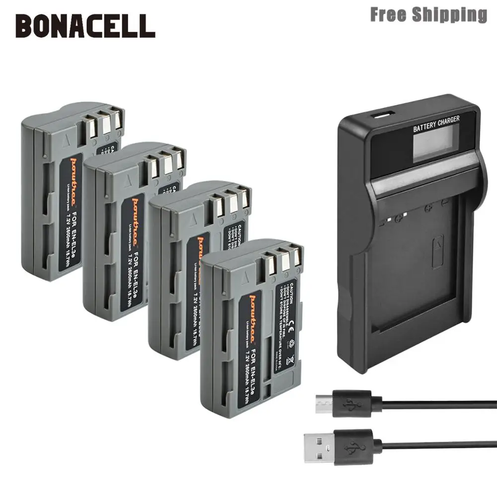 Bonacell 2600 мА/ч, EN-EL3e RU EL3e EL3a ENEL3e Батарея+ Батарея ЖК-дисплей Зарядное устройство для Nikon D300S D300 D100 D200 D700 D70S D80 D90 D5 L50 - Цвет: 4XBatteryLCDCharger