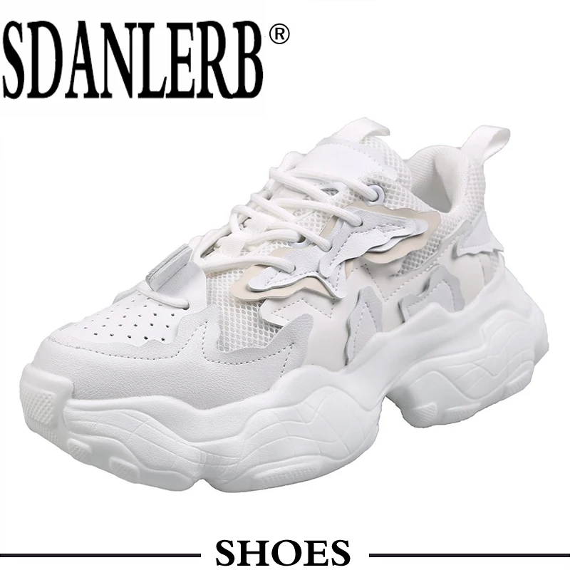 

2021 New Leather White Sneakers Women Thick Sole Platform Chunky Shoes Female Fashion Footwear shoes for women sneakers women