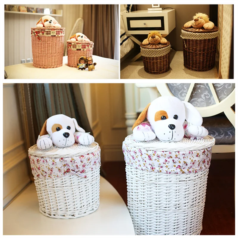 

Cute Dog Puppy Laundry Bucket Hand Woven Rattan Storage Baskets Decorative Clothes Sundries Toys Storage Organizer Basket Hamper