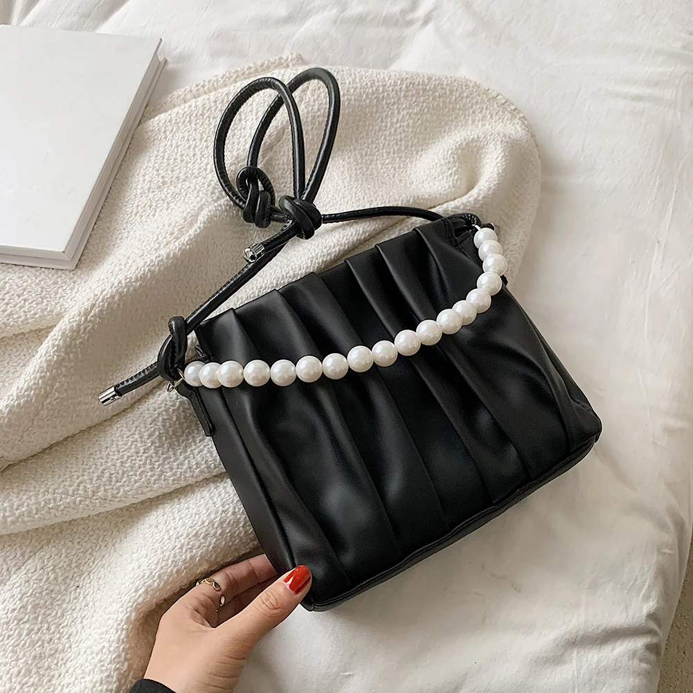 

Fashion Women Pleated PU Leather Shoulder Crossbody Messenger Bag Casual Ladies Pearl Chain Small Handbags Purse