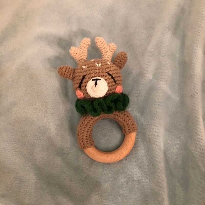 

BPA Free Crochet Wooden Ring Baby Teether Animal Rattle Chewing Teething Toy