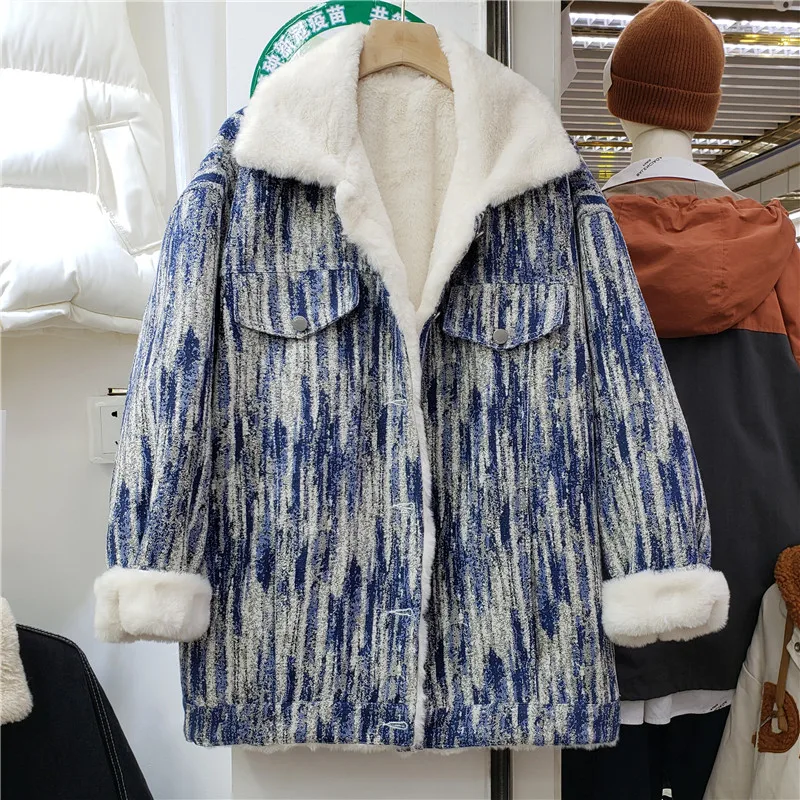 

2021 Autumn Winter Coat Women New Lamb Wool Denim Parka Korean-Style Loose BF Fleece Lined Padded Warm Overcoats