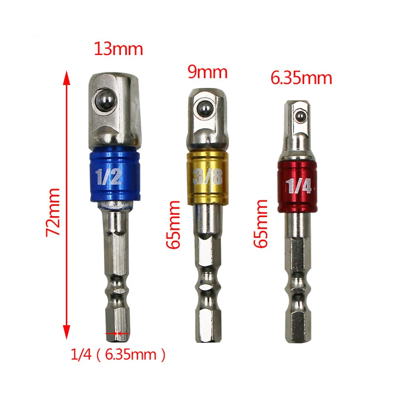 

BENYS 3 Pieces of Color Socket Adapter Set Hex Shank 14 38 12 Extended Drill Bit Set Chrome Vanadium Steel Power Tool