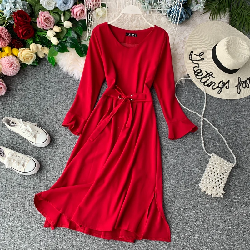 ALPHALMODA A-line Long-sleeved Autumn Dress New Women Side-slit Belted Sashes Tie Solid Casual Chiffon | Женская одежда