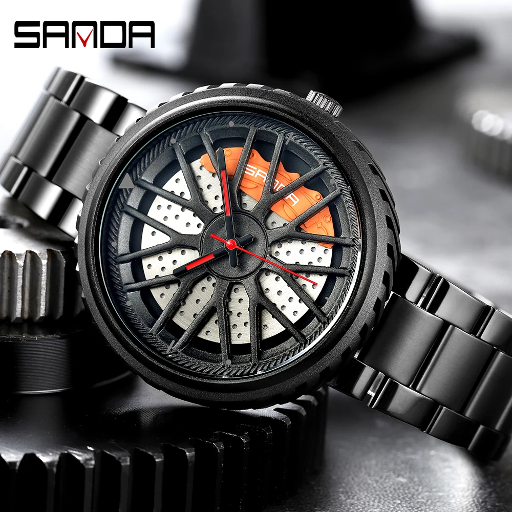 SANDA Men Sport Car Wheel Tyre Dial Stainless Steel Strap Watch Top Brand Luxury Fashion Quartz Wristwatch relogio masculino