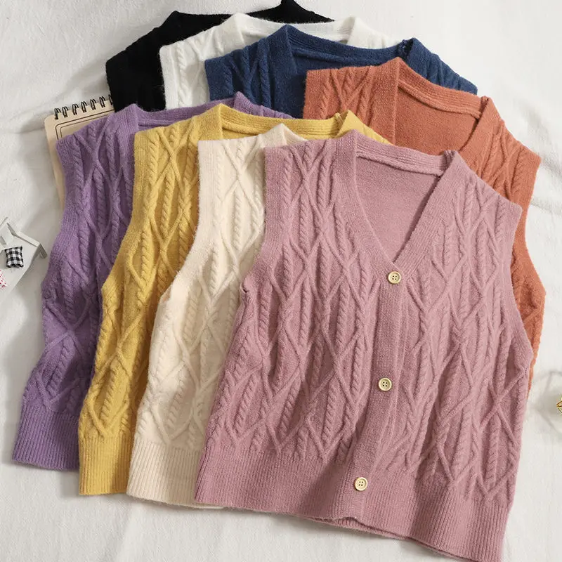

Women Sweater Vest V-neck Short Sleeveless Cardigan Knitted Vest Sweater Coat Women's Western Style Top Outer Vest 8 Colors e311