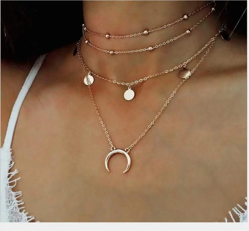 

Vintage Multilayer Crystal Pendant Necklace Women Gold Color Beads Moon Crescent Choker Necklaces Jewelry New S1858