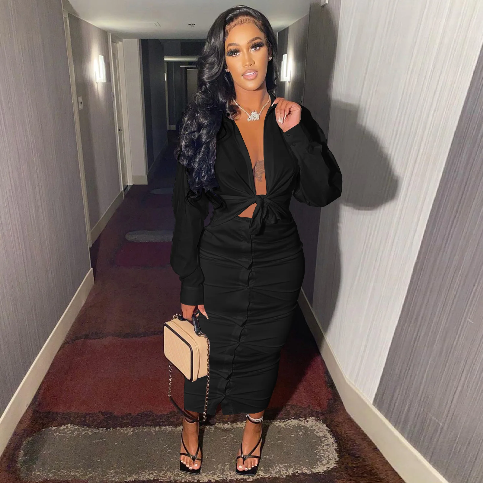 

Women's 2-Piece Autumn Long-Sleeved V-Neck Pleated Top + Button Skirt Suit Sexy 2-Piece Party Nightclub Club Clothing