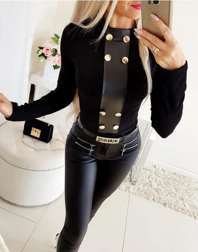 

Explosive large size autumn and winter new women's sexy round neck stitching buttons Slim solid color hot sale top T-shirt