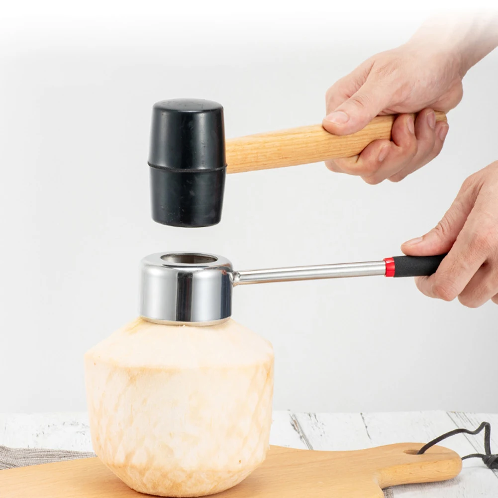 

Coconut Opener Tool Set Food Grade 304 Stainless Steel Opener Coconut Meat Tool Wooden Handle Rubber Hammer Easy To Use Durable