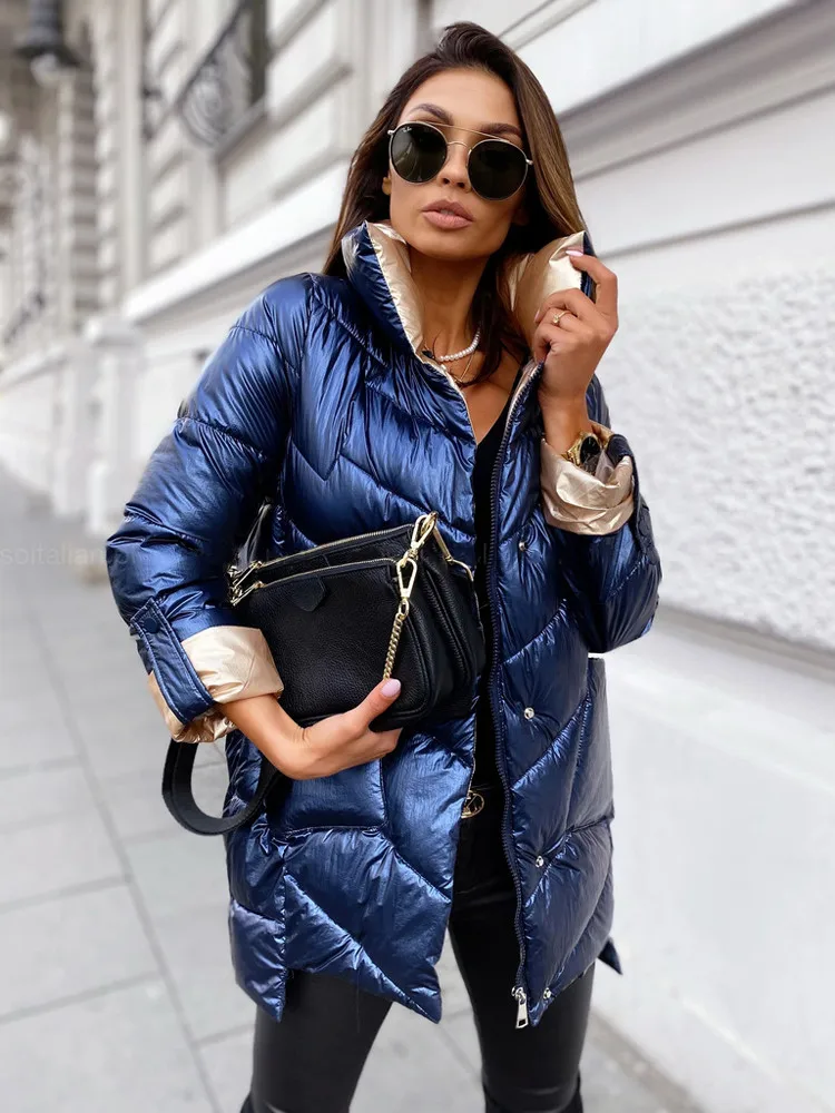 

Cotton Warm Collar Oversized Outerwear Coat Puffer Winter Patchwork Women Quilted Coats Padded Parka Female Jackets Stand Jacket