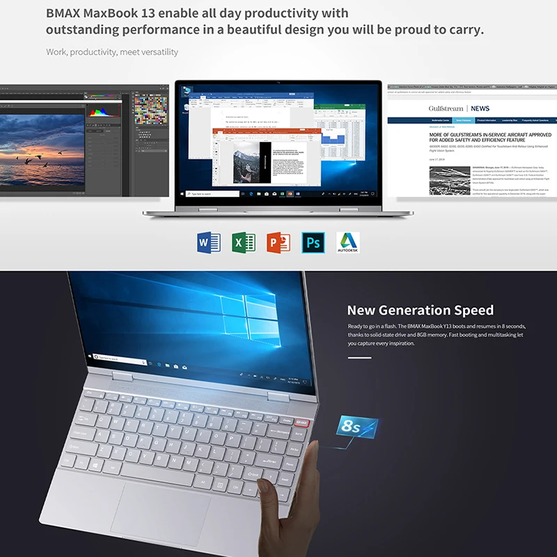 Ультратонкий ноутбук BMAX Y13 13 3 дюйма Intel Gemini Lake N4120 8 ГБ ОЗУ 256 Гб ПЗУ SSD LPDDR4 1920*1080 IPS Win