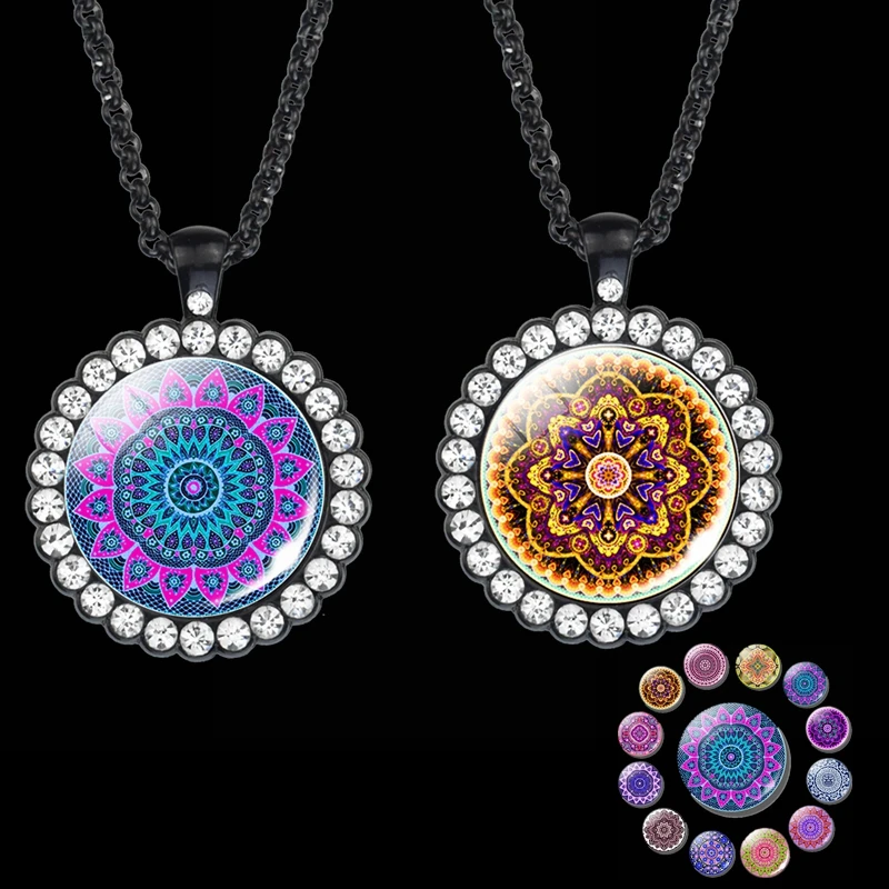 

Mandala Flower Necklace Glass Dome Exquisite Mandala Crystal Pendant Feature Chain Necklace Accessories Gifts for Men Women