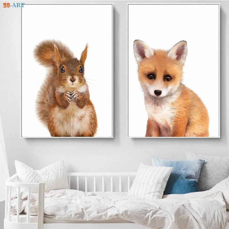 

No Frame Baby Bear Fox Squirrel Duck Canvas Painting Cute Cartoon Posters and Prints Paintings on The Wall Nursery Decor
