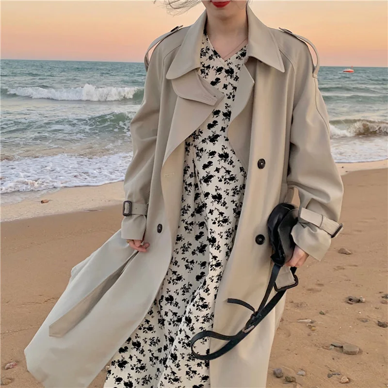 Тренчкот женский двубортный свободного покроя Длинный плащ-Тренч ветровка