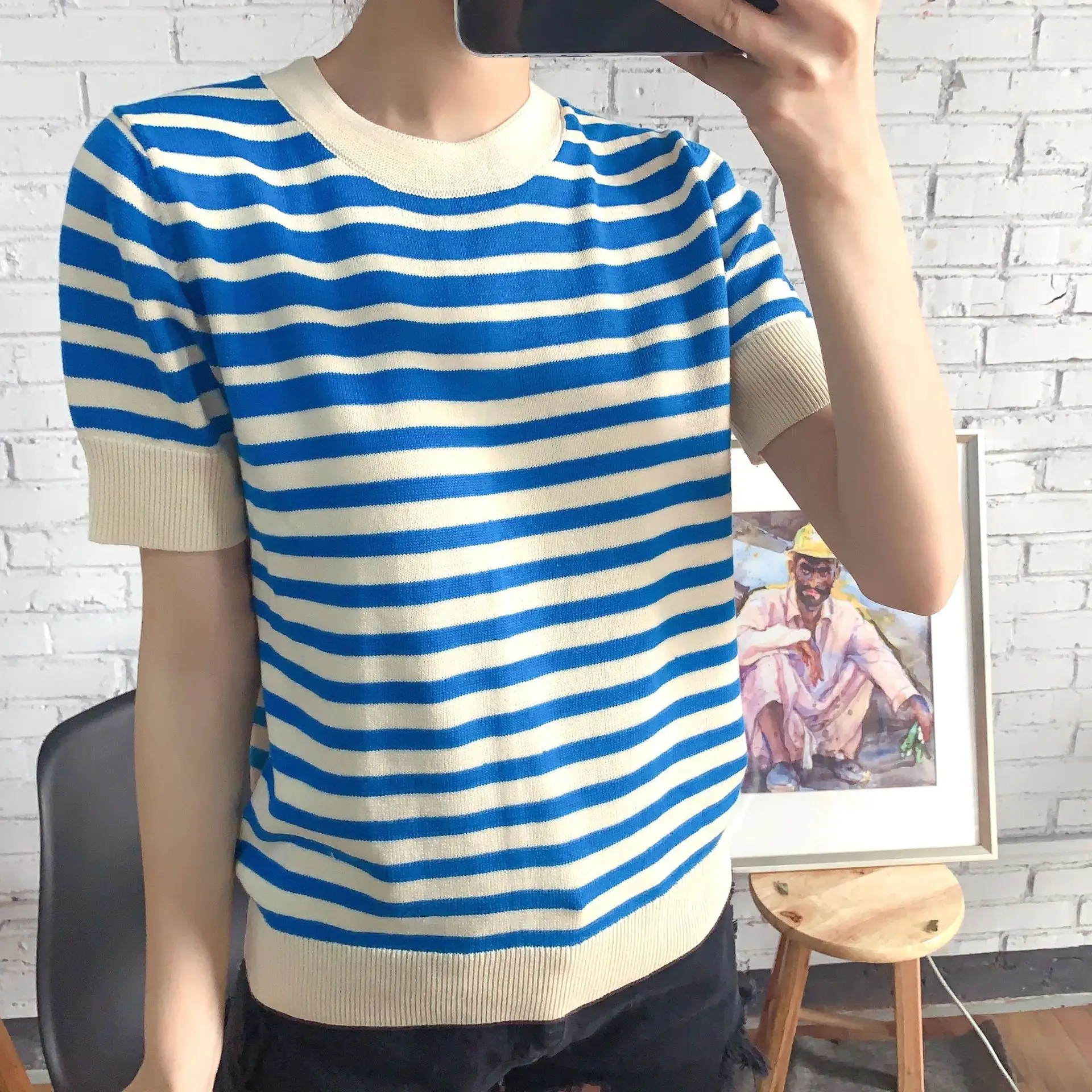 

Micosoni High-End Quality 2020 Summer Navy Blue and White Stripe short sleeve Knitted All-match Simple Sweater Top S-L