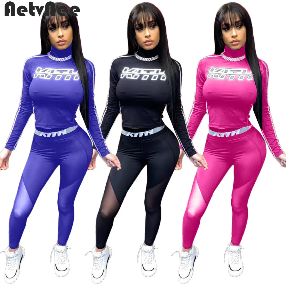 

Женский комплект из 2 предметов, футболка с высоким воротником и Сетчатые эластичные облегающие леггинсы в стиле пэчворк, повседневная одеж...