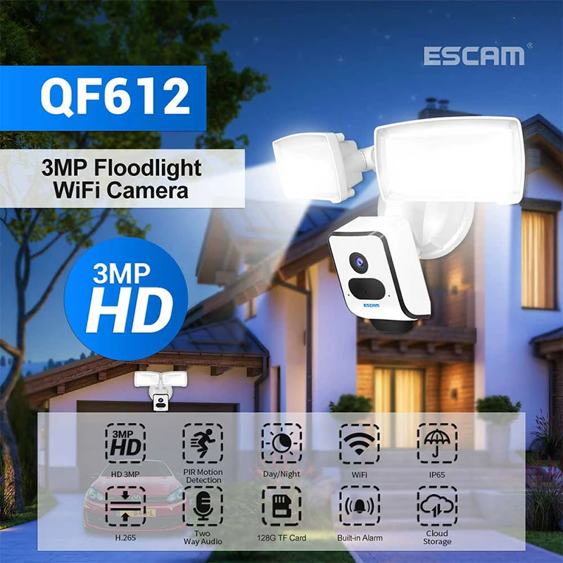 

ESCAM QF612 Garden Light HD 3MP PIR Motion Detection WIFI IP Camera Two-Way Voice H.265 Dual Light Source Night Vision Camera
