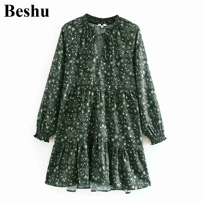 Za 2019 женское платье зеленое свободное с цветочным принтом круглым вырезом мини