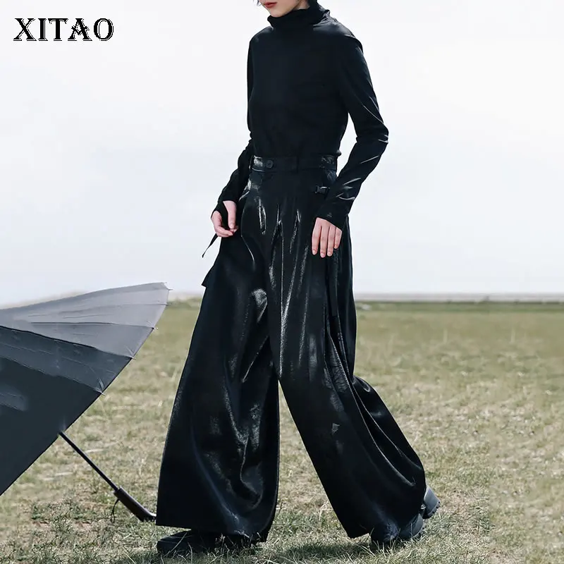 

XITAO Black Fold Women Wide Leg Pants Fashion Large Sizer Casual Loose Simplicity Temperament Spring Autumn All-match WMD2502