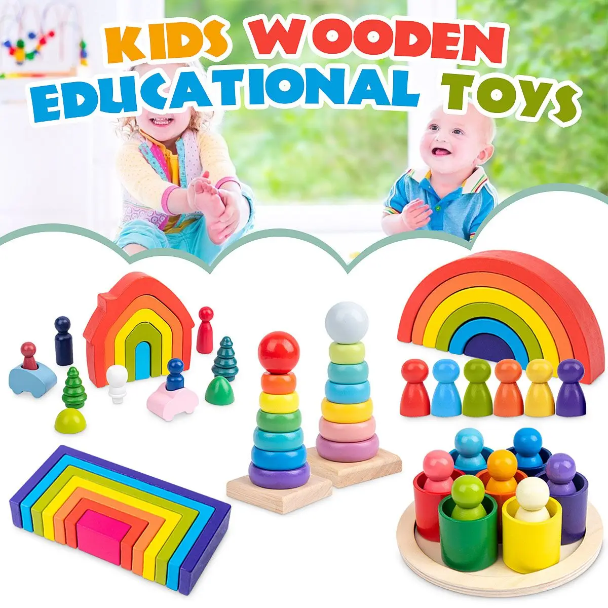 

NEW Kids Montessori Educational Wooden Toys Rainbow Wooden Toys Semicircle Building Blocks Rectangular Board house Birthday Gift