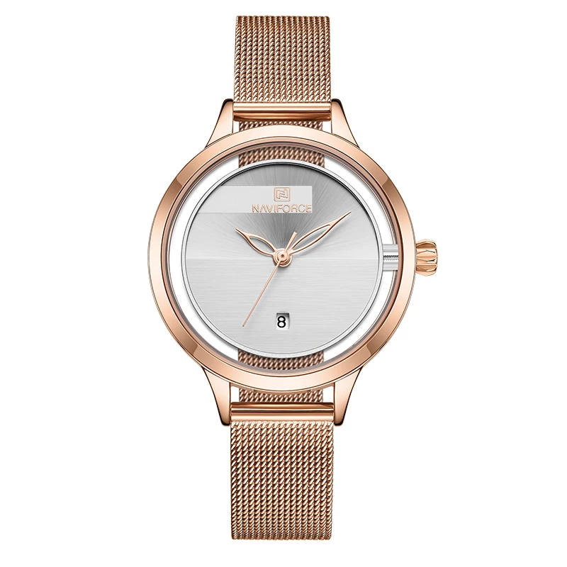 Rose Gold White NAVIFORCE, женские часы, роскошный браслет из нержавеющей стали, наручные часы, модные кварцевые часы для девушек, часы с датой, Relogio Feminino - Цвет: Rose Gold White