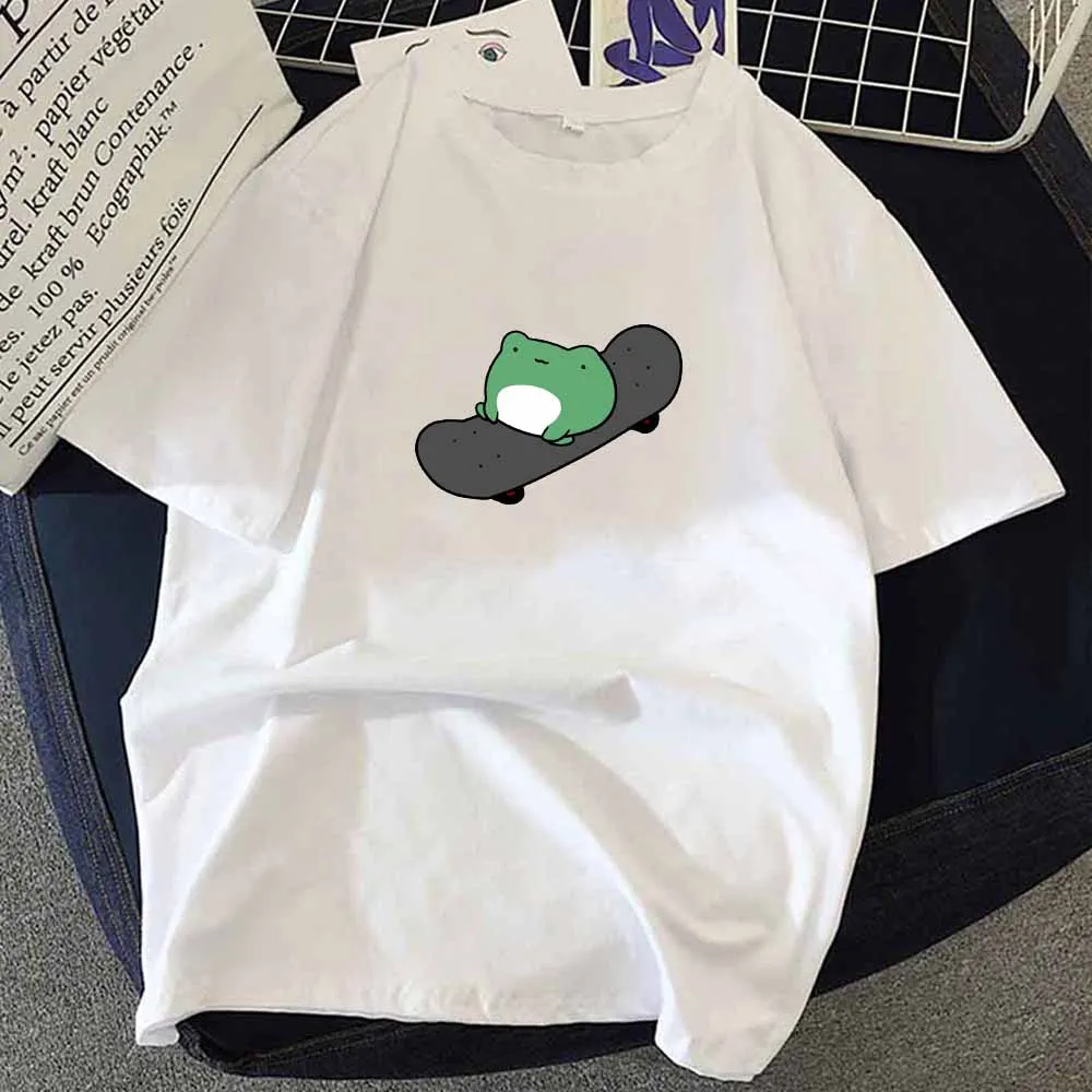 

Футболка женская с круглым вырезом и коротким рукавом, свободная рубашка с мультяшным принтом лягушки, милая одежда в стиле Харадзюку, топ с...