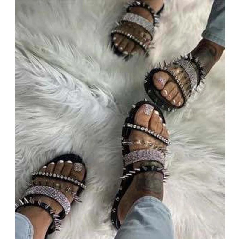 Sexy Wild Rhinestone Rivet Women Slippers Flat Heel Sandals Casual Home Plus Size 35-43 | Обувь