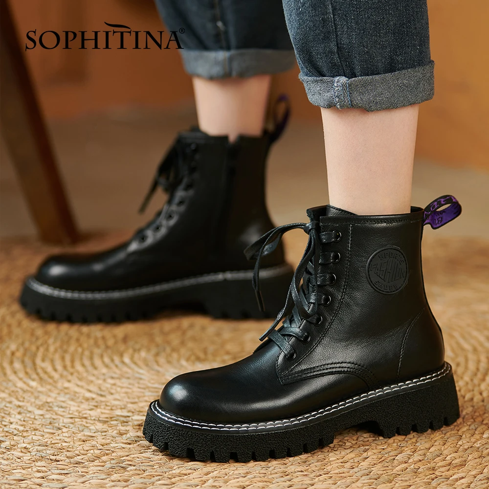 

Женские ботильоны из натуральной кожи SOPHITINA, однотонные рабочие ботинки на молнии, с перекрестными ремешками, весна/осень, WO541