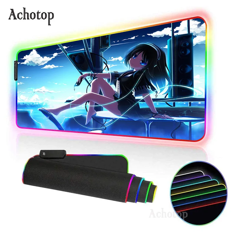 

Anime Music Girl RGB Soft Large Gaming Mouse Pad 40x90 Led Extended Mousepad Non-Slip Rubber Base Computer Keyboard Pad Desk Mat