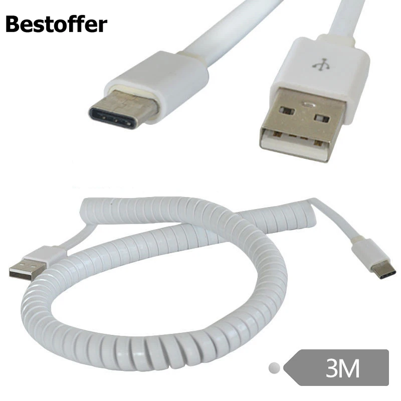 10 футов Белый USB-C к USB2.0 A штекер адаптера синхронизации данных спиральный плоский