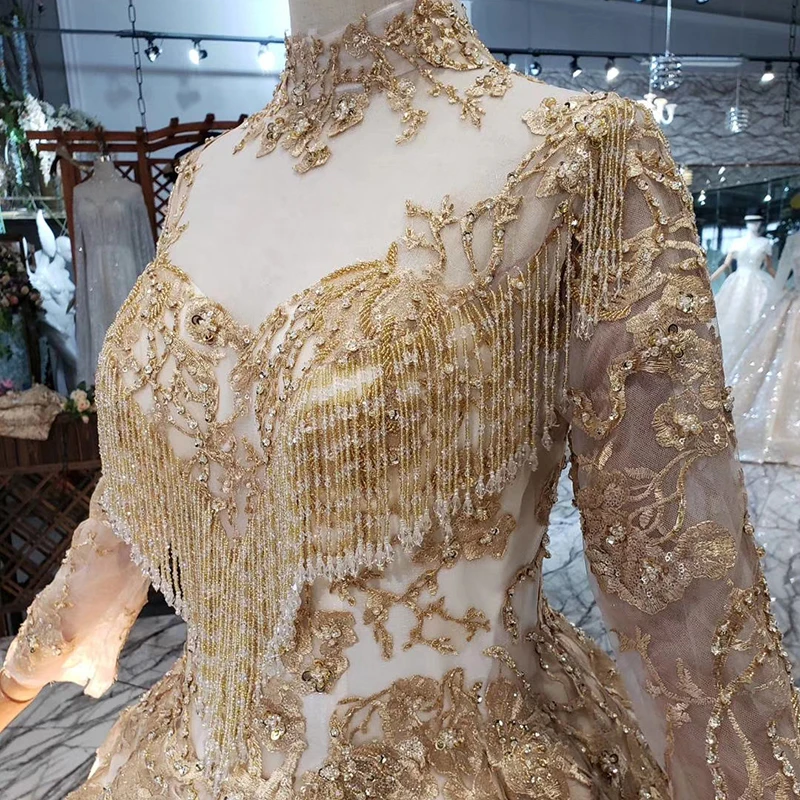 BGW 3428ht Golden Muslim Evening Dress Floor Length High-neck Full Sleeve Tassel Lace Up Back Party Dress 2020 Swollen Avondjurk