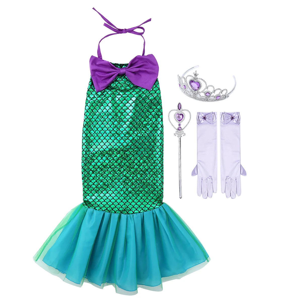 Детское блестящее платье с лямкой на шее для девочек русалки принтом рыбьей