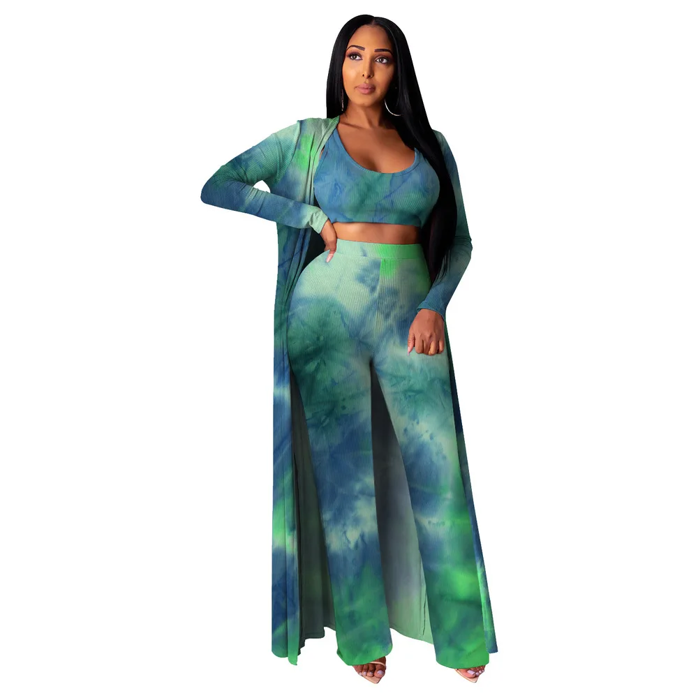 

Tie Dye Print Tank Tops+high Waist Straight Pants+long Sleeve X-long Open Stitch High Elastic Knit Rib 3 Pieces Matching Sets