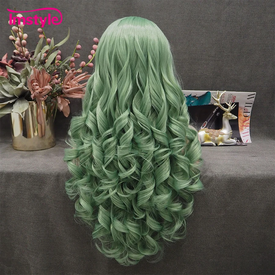 Imstyle Green Wig Long Synthetic Lace Front Heat Resistant Fiber Natural Wavy Glueless Wigs For Women Cosplay | Шиньоны и парики