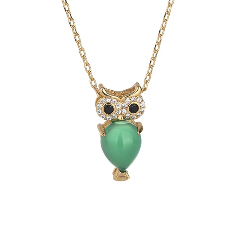 

2021 New Fashion Simple Women Pendant Necklace Gold Color Retro Animal Owl Zircon Green Opal Short Clavicle Necklace Jewelry