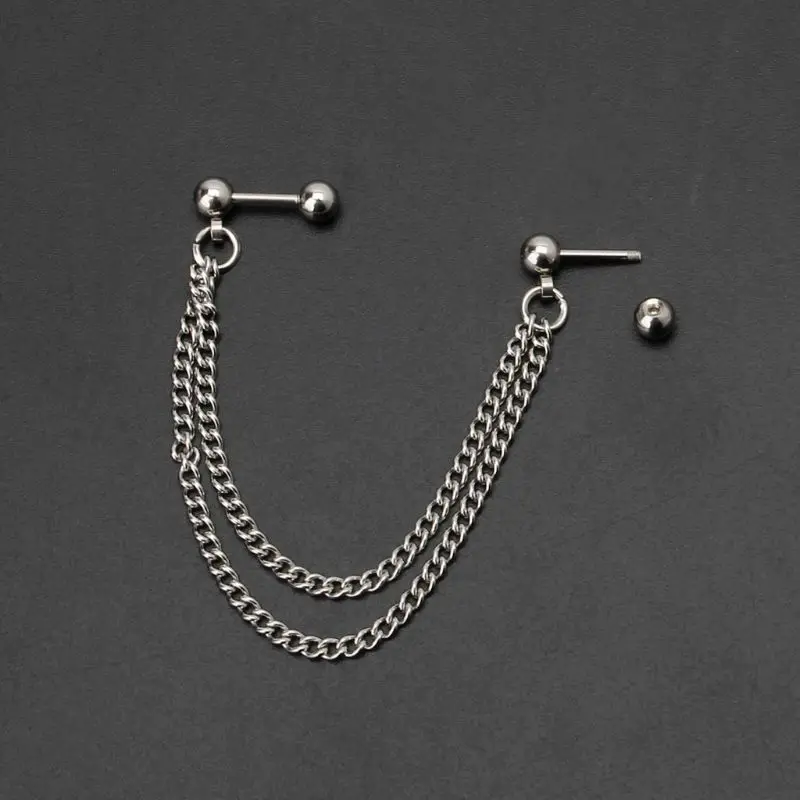 

1Pc Punk Ball Stud Cartilage Ear Cuff Wrap Double Chain Piercing Earring Unisex Ear Chain Long Dangle Chain Tassel Ear Pins