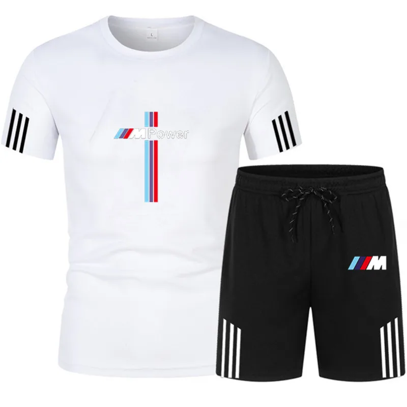 

2021 Men Casual Set Fashion 2 PCS Sweat Suit Striped Short Sleeve T-shirt Shorts Sets Male Sportswear Tracksuit Summer